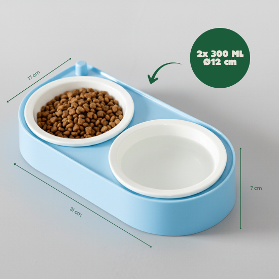 CoBowl | Dubbele Keramische Voederbak voor Kat & Hond (Blauw) 31 x 17 & Ø12cm - 300ml