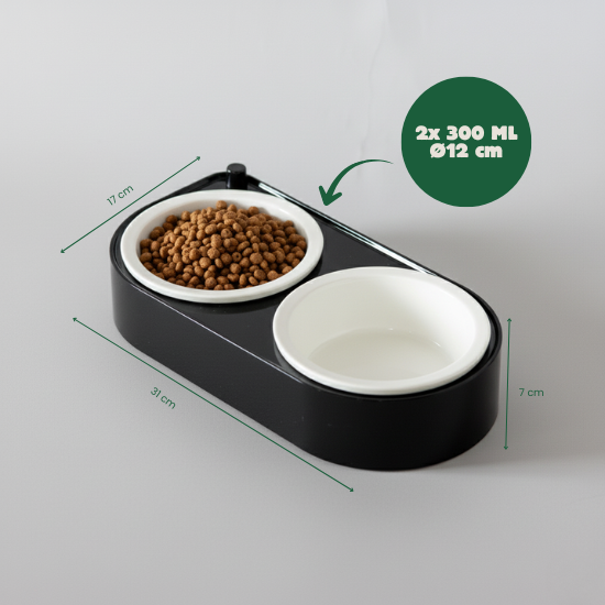 CoBowl | Dubbele Keramische Voederbak voor Kat & Hond (Zwart) 31 x 17 & Ø12cm - 300ml