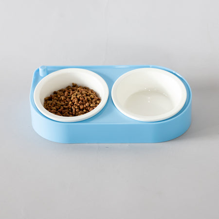 CoBowl | Dubbele Keramische Voederbak voor Kat & Hond (Blauw) 31 x 17 & Ø12cm - 300ml