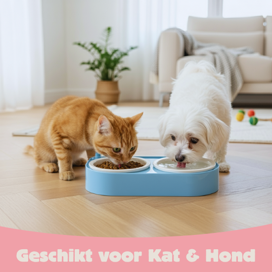 CoBowl | Dubbele Keramische Voederbak voor Kat & Hond (Blauw) 31 x 17 & Ø12cm - 300ml