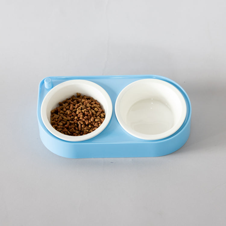 CoBowl | Dubbele Keramische Voederbak voor Kat & Hond (Blauw) 31 x 17 & Ø12cm - 300ml
