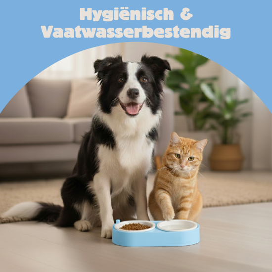 CoBowl | Dubbele Keramische Voederbak voor Kat & Hond (Blauw) 31 x 17 & Ø12cm - 300ml