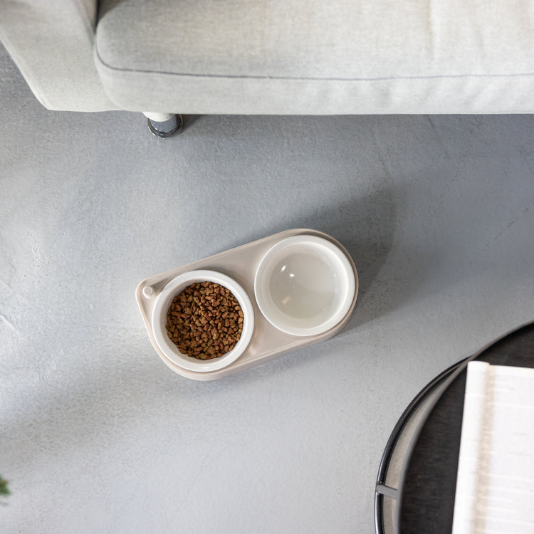 CoBowl | Dubbele Keramische Voederbak voor Kat & Hond (Cappuccino) 31 x 17 & Ø12cm - 300ml