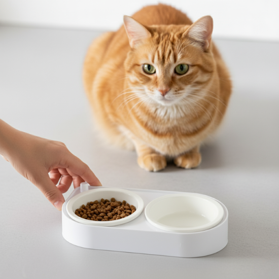 CoBowl | Dubbele Keramische Voederbak voor Kat & Hond (Wit) 31 x 17 & Ø12cm - 300ml