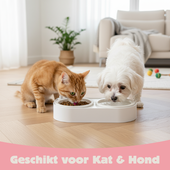 CoBowl | Dubbele Keramische Voederbak voor Kat & Hond (Wit) 31 x 17 & Ø12cm - 300ml