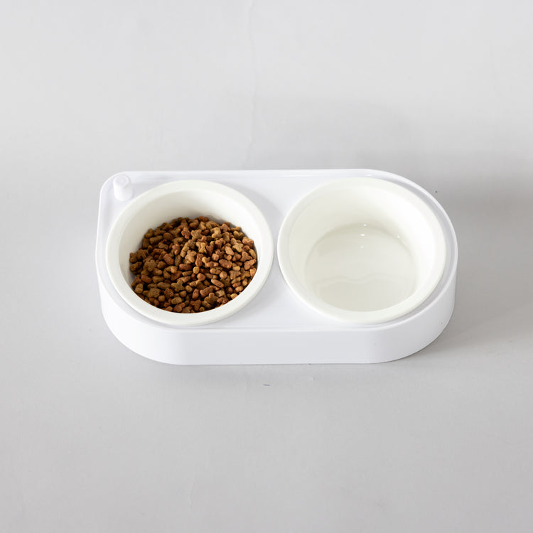 CoBowl | Dubbele Keramische Voederbak voor Kat & Hond (Wit) 31 x 17 & Ø12cm - 300ml