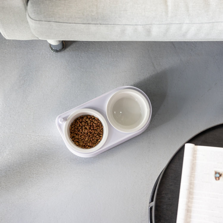 CoBowl | Dubbele Keramische Voederbak voor Kat & Hond (Wit) 31 x 17 & Ø12cm - 300ml