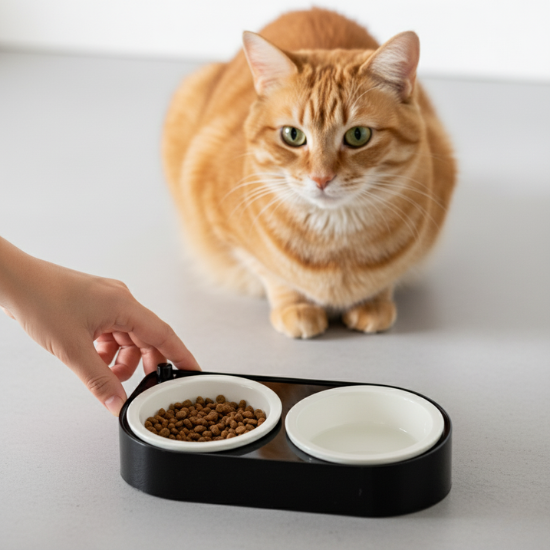 CoBowl | Dubbele Keramische Voederbak voor Kat & Hond (Zwart) 31 x 17 & Ø12cm - 300ml