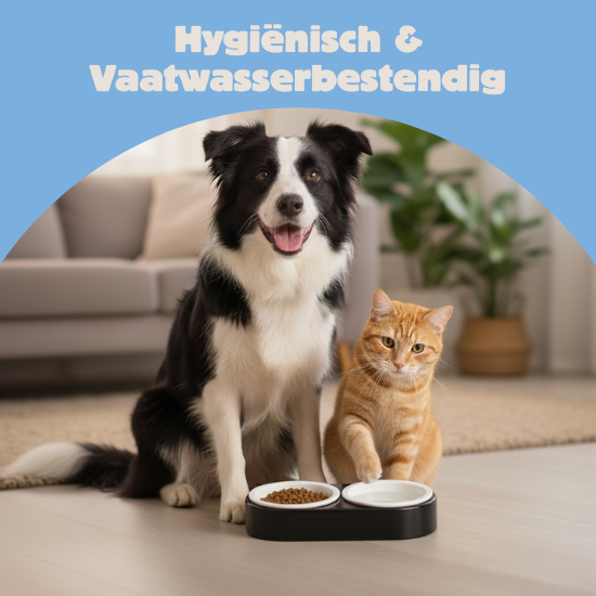 CoBowl | Dubbele Keramische Voederbak voor Kat & Hond (Zwart) 31 x 17 & Ø12cm - 300ml